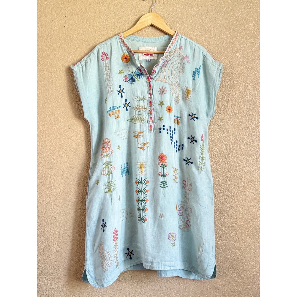 Biya Johnny Was Elektra Embroidered Linen Tunic Dress Blue Floral Butterfly